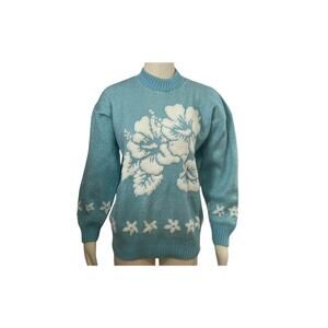 Vintage Floral Print Sweater: Light Blue Knit with Lurex Sparkle